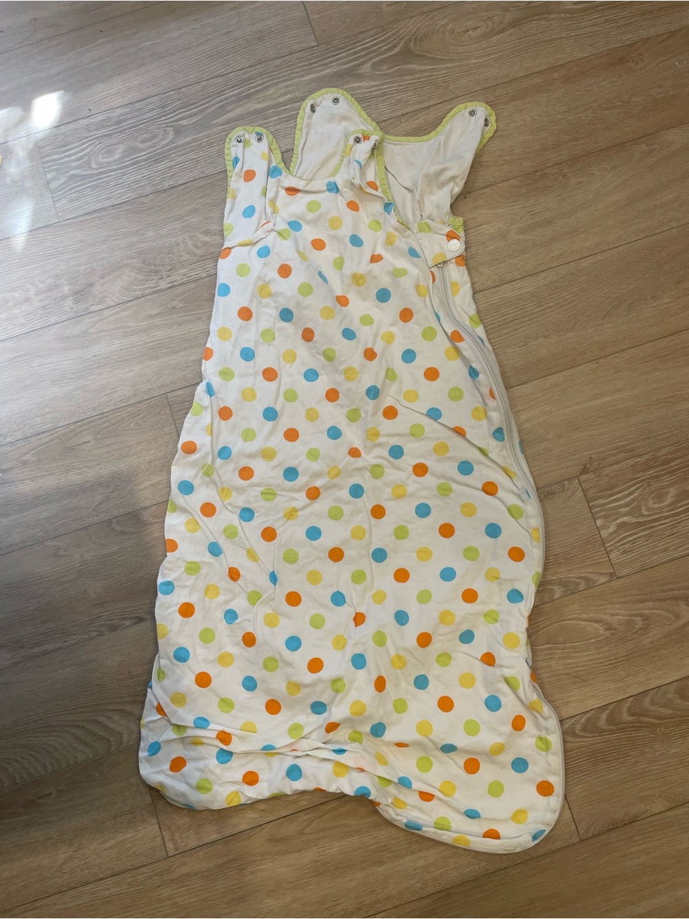 Polka Dot Baby Sleep Sack - White with Blue, Orange & Lime Dots